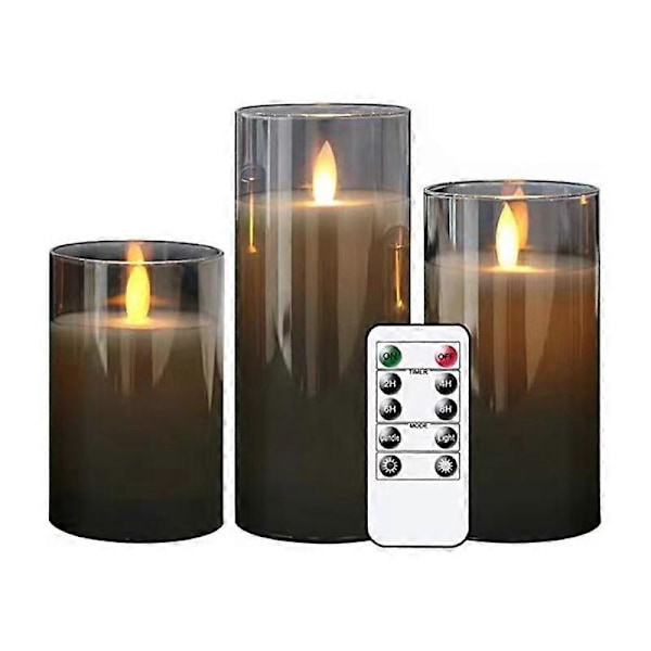 Sett med 3 LED-glasslys med fjernkontroll, søylelys til jul, H10cm/12.5cm/15cm, LED elektronisk lysglass risting røykfri fødsel
