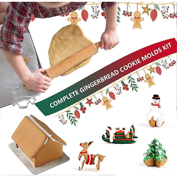 18 Delar 3D Kakform i Rostfritt Stål, Pepparkakshusform, DIY Julkakform Set, för Tårtdekorationer Kakor och Bakverk