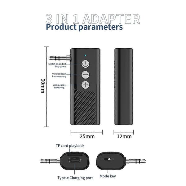 Bil Bluetooth 5.3 Lydadapter Aux Bluetooth Mottaker Sender TF Kort Avspilling Tre-I-Ett