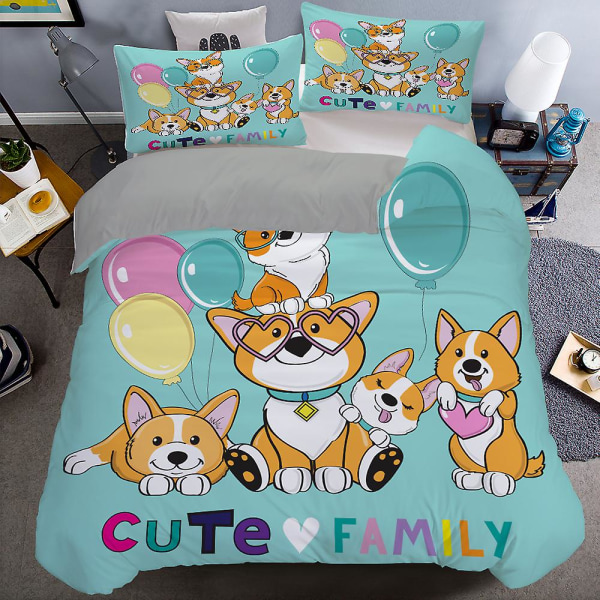 Corgi Hundar Påslakan King Queen Size Tecknad Husdjur Valp Familj Sängkläder Set För Barn Pojkar Flickor Härligt Djurtema Täcke