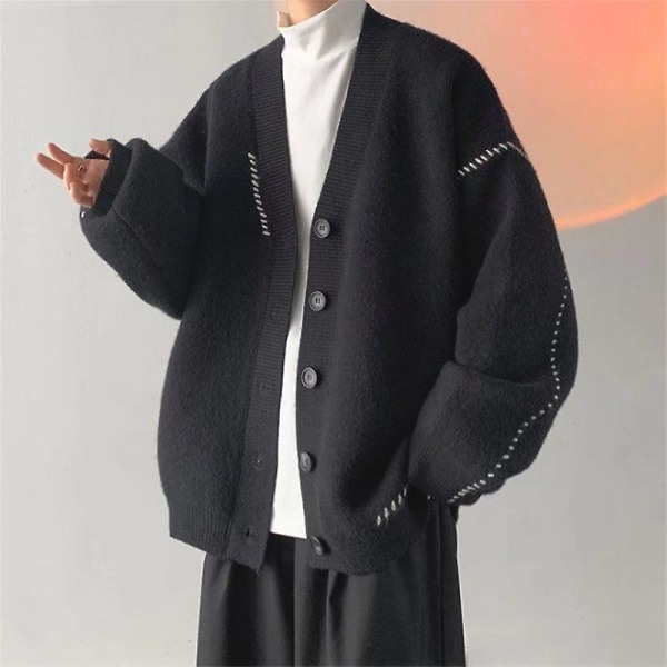V-hals Sweaterfrakker til mænd Koreanske cardigans Casual enkeltknappet strikket sweater Efterår Vinter Nyt løst strik Herre cardigan XXL
