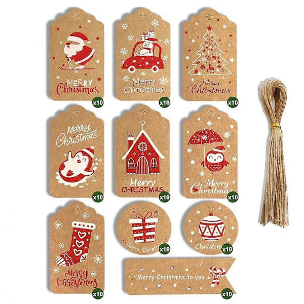Stil E100 Stykker Kraftpapir Julemerkelapper med Snor, Brune Kraftpapir Julemerkelapper, Stempel og Etikett for Julegaveinnpakning, 10 Design fo