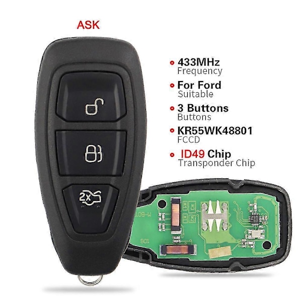 433MHz 3 Knappar Fjärrkontroll Bilnyckel För Ford Mondeo Kuga Fiesta Focus B C-max 2011 2012 2015 Kr55wk48801 Keyless Go Id83 Fsk