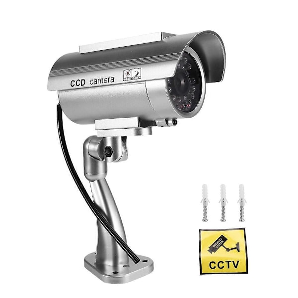 Simulert Solkamera Utendørs Overvåking Simulert Falsk Kamera Dummy Cam med LED Lys Sølv