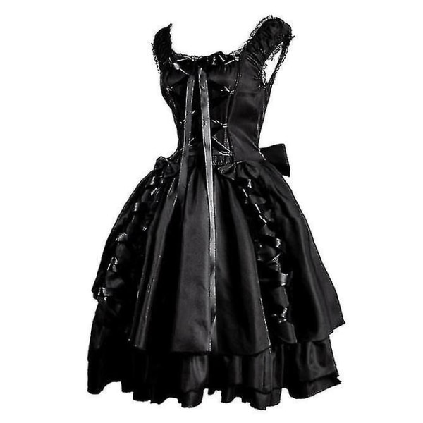 Klassisk sort lagdelt snøret Goth Lolita kjole til kvinder middelalder renæssance tøj 2XL