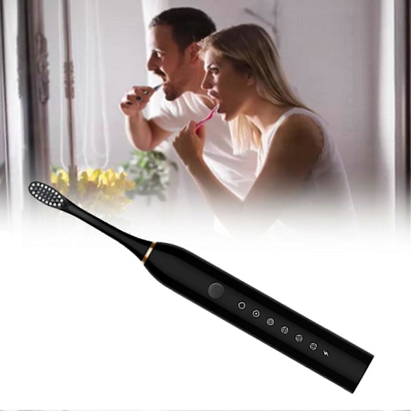 Sähköhammasharja, 6 nopeutta, USB-ladattava, vedenpitävä, sähköhammasharja 4 harjaspäällä aikuisille ja lapsille, musta