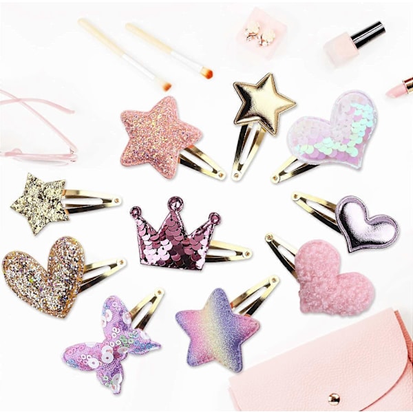 10 Par Hårspænder til Piger, Stjerne/Krone/Hjerte/Sommerfuglformede Hårnåle, Søde Hårspænder Metal Snap Barrettes Glitrende Hjerteformede Hårspænder til Børn H