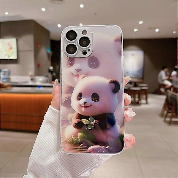 Kompatibelt för iPhone 13 Pro Sött Panda Mönster Tryck Härdat Glas+TPU Telefonfodral med Linsskydd White