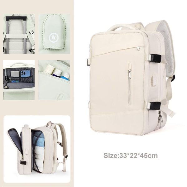 Udtrækkelig Rejserygsæk Unisex Laptop Taske Dame Stor Duffel Bag Herre Studerende Business Rejse USB Opladning Beige