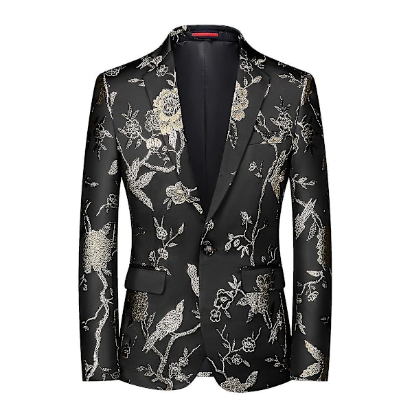 Herr Broderi En Knapp Kavaj Slim Fit Blommig Tryckt Kostym Stilfull Blommig Smokingjacka Silver XL