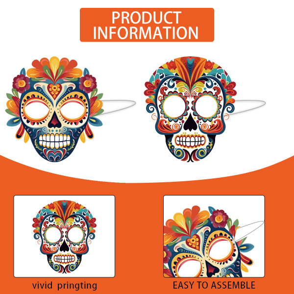 6 stk. Day of the Dead papirmasker, håndlavede DIY maskeradeforestilling dekoration horror kranie maske