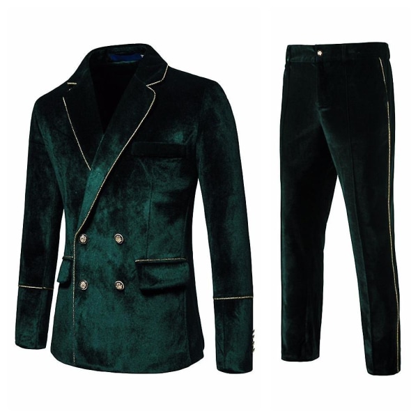 Sammetsklädd 2-delad set för män Slim Fit dubbelknäppt smoking jacka och byxor Green XL