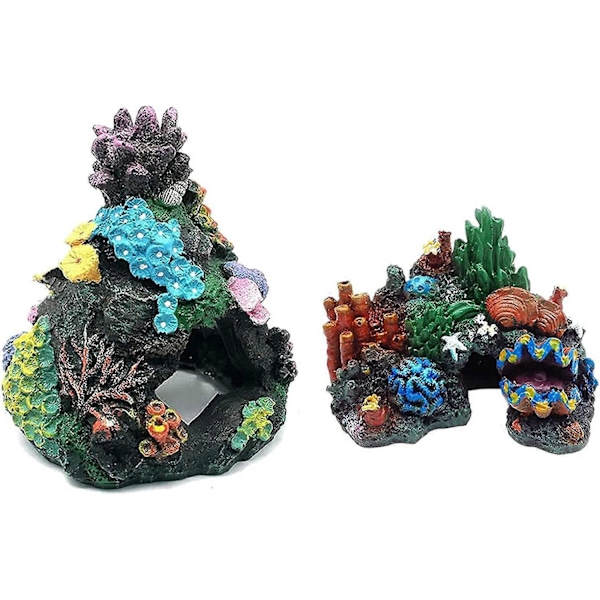 Akvarium Korall Dekor Harpiks Fisk Tank Gjemmested Fjellhule Betta Fisk Gjemmested Stein Korallrev Ornament, 2 Pakning