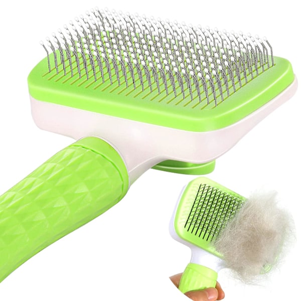 The Pet Slicker Brush, som rengör borsten med bara en beröring, är ett effektivt verktyg för att trimma husdjur och ta bort lösa hårstrån. Stor