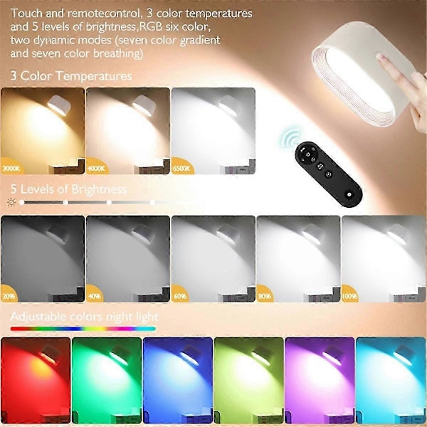 Oppladbar 360° roterbar LED-vegglampe med RGB fargeendring, 5 lysstyrkenivåer, berørings- og fjernkontroll
