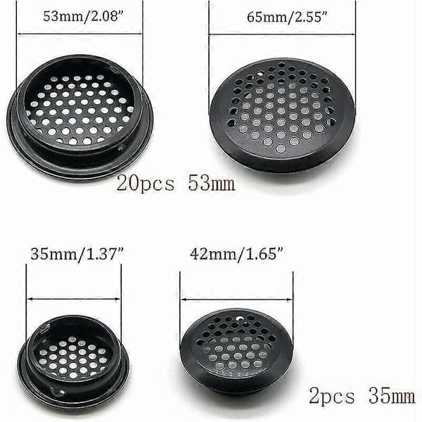 20 stk. Rund Ventilationsrist i Rustfrit Stål til RV/Badeværelse/Køkken. Sort 53mm