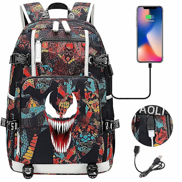 Venom Fashion Printet USB Ungdoms Skoletaske (1-4) Color-3