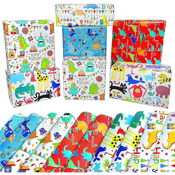 Födelsedagspapper för Barn Dinosauriemotiv - 10-pack Söta Djur Presentpapper