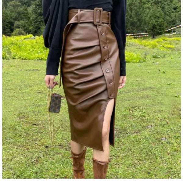 Ekte Skinnskjørt Saueskinn Dame 2023 Ny Stil Splitt Høy Midje Slim Wrap Hofte Medium Lengde Halv Lengde Skjørt Mote Y2k Coffee M