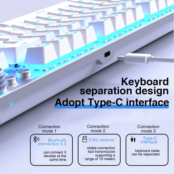 F3001 2.4G trådlöst bluetooth trådbundet tangentbord med tre lägen, mekaniskt spelkontor trådlöst bakgrundsbelyst 87-tangenters tangentbord White Y Brown switch