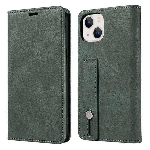 Kompatibelt för iPhone 13 6.1 tum Anti-fall Flip Fodral med Kortfack Magnetiskt PU Läder Plånboksfodral med Ställ och Handledsrem DarkGreen