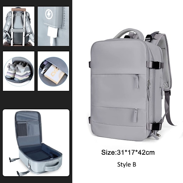 Sisäänvedettävä matkareppu, unisex, kannettavan tietokoneen laukku, naisten suuri duffelilaukku, miesten opiskelijoiden työmatkareppu USB-latauksella Gray Style B