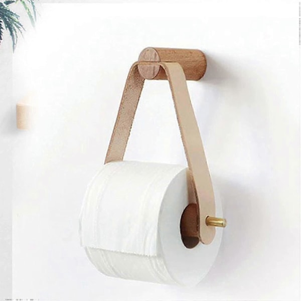 Toiletpapirholder til væg i træ og læder, rustik papirholder til toiletpapirruller til vægmontering, elegante og naturlige badeværelsestilbehør med selvklæbende