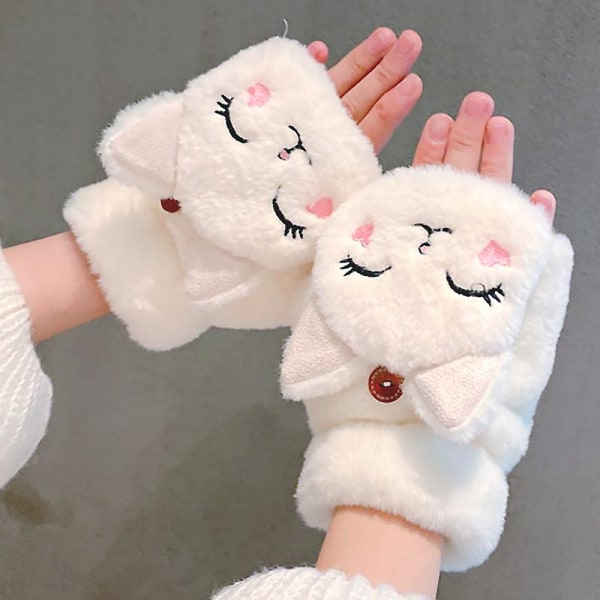 Plysj Bjørnepels Strikkede Hansker Hånd Flip Halv Finger Kjørehansker Vinter Myke Varme Tykke Hansker Jenter Grey Bear Gloves