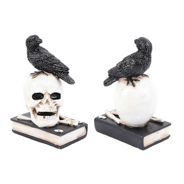 Luurankohahmo, pelottavan rikkaat yksityiskohdat, elävät värit, vahva hartsi, vakaa pääkallohahmo Halloween-koristeluun, varis pääkallon päällä
