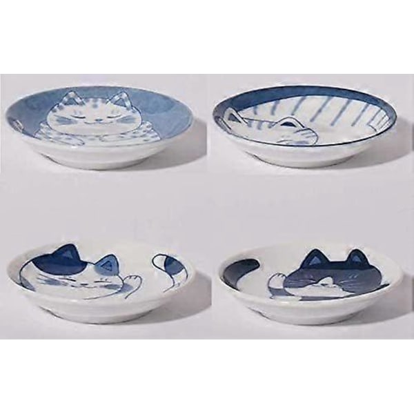 Japansk Lille Tallerken Sæt Keramik Søde Katte Design Appetizer Dessert Sushi Sauce Skåle, 10 x 2 cm, Sæt med 4