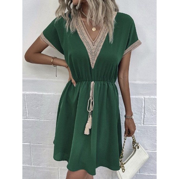 Dame Vintage Mini Kjole Sommer Mode Ensfarvet V-Hals Løs Slips Kjole Apricot L