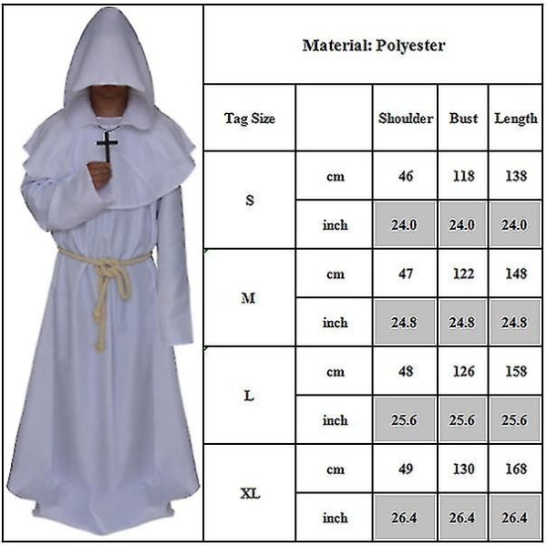 Vuxen Munk Huvförsedd Robe Kappa Friar Medeltida Präst Cosplay Kostym White S