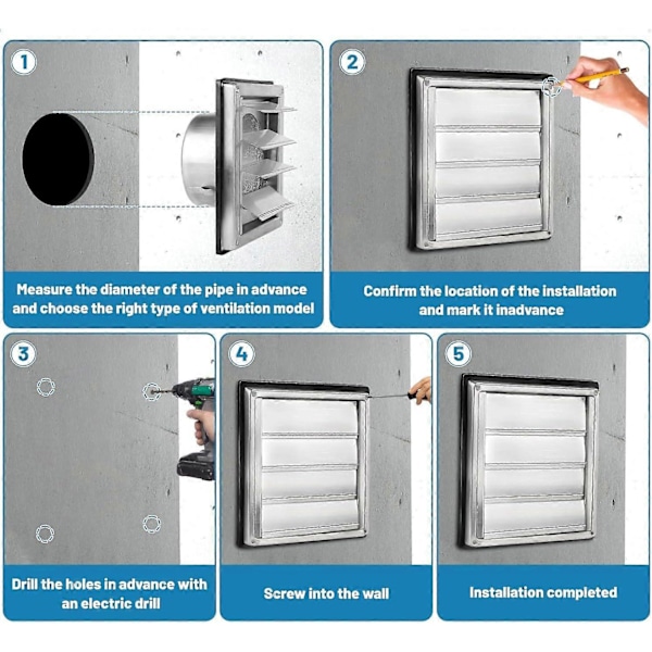 Ventilationsrist i rustfrit stål 150 mm, insektbeskyttelse, vejrbestandig luftkanalafdækning, anti-tilbageløbs vægventil