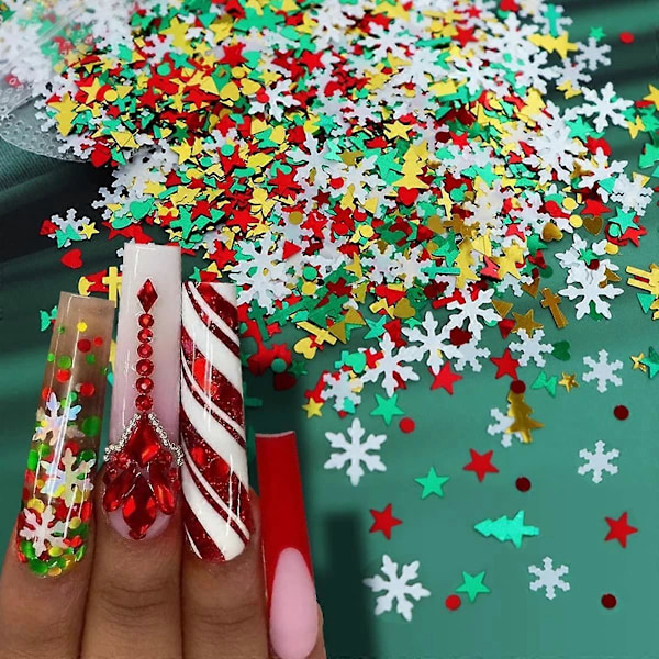 6 ruter med jule negl glitter paljetter, vinter neglekunst klistremerker dekorative holografiske laser snøfnugg glitter negl chips (to esker)