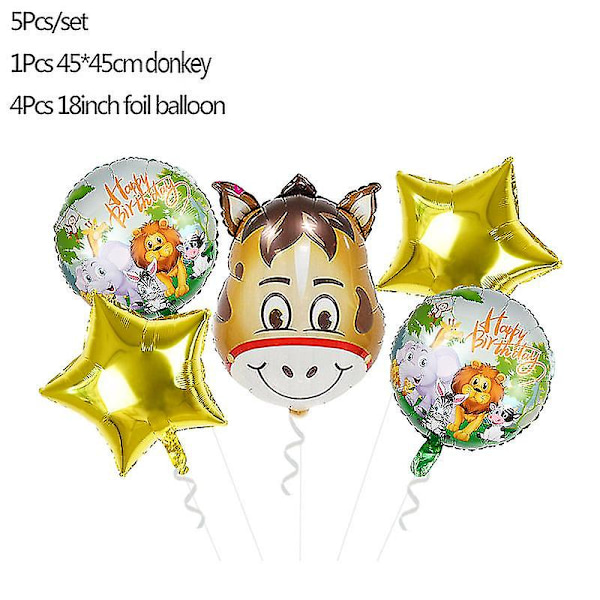 5 stk. Jungeldyr Tiger Løve Ape Zebra Giraff Ku Luft Helium Ballong Barn S donkey set