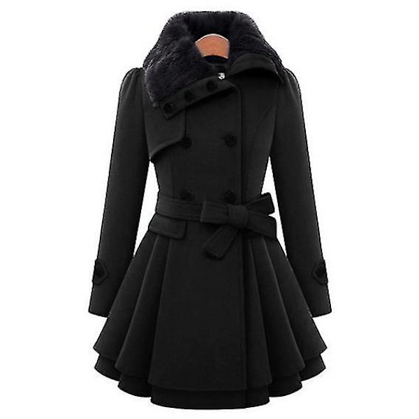 Dam Faux Fur Slag Dubbelknäppt Ullkappa Jacka Black M