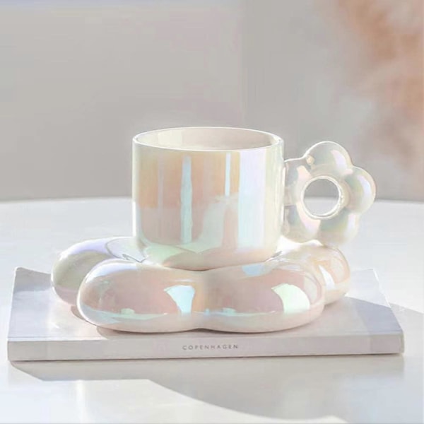 Kaffekop med blomsterformet underkop, kaffekopsæt, keramisk krus, tekop og underkop, krus og underkop