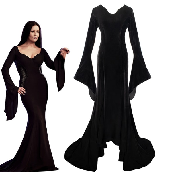 Addams Family cos kostym Halloween Onsdag Addams svart klänning tryckt kjol cosplay kostym Tiss dress L