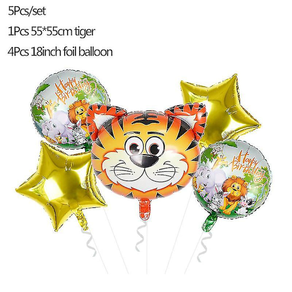 5 stk. Jungeldyr Tiger Løve Ape Zebra Giraff Ku Luft Helium Ballong Barn S tiger set