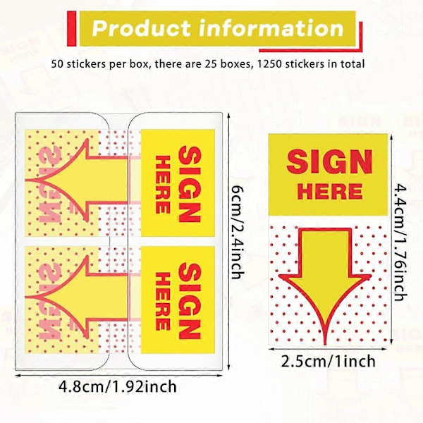 1250 stk. Sign Here-klistremerker 1 tomme Sign Date-faner Sign Date-klistremerker med dispenserflagg lett