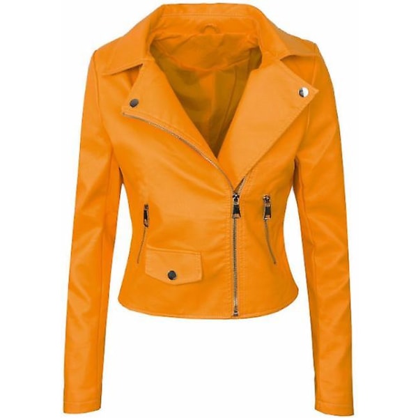 Dammode långärmad lapelkrage Casual formell skinnjacka orange XL