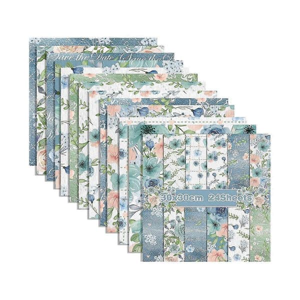 12x12 Tommer Dobbeltsidet Akvarel Blomsterkarton, 24 Ark Forår Blå Rose Scrapbogspapir, til