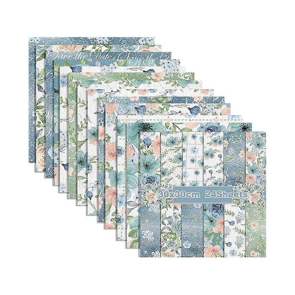 12x12 Tommer Dobbeltsidig Akvarell Blomsterkartong, 24 Ark Vårblå Rose Scrapbook Papir, for