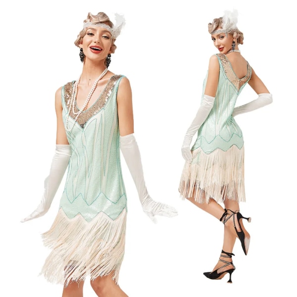 Vintage 1920-tals V-ringad Dubbellagers Klänning med Tofsar Cocktail Bal Paljettprydd Klänning Damkläder Vestido Mode Sommarklänning Y2k Green M