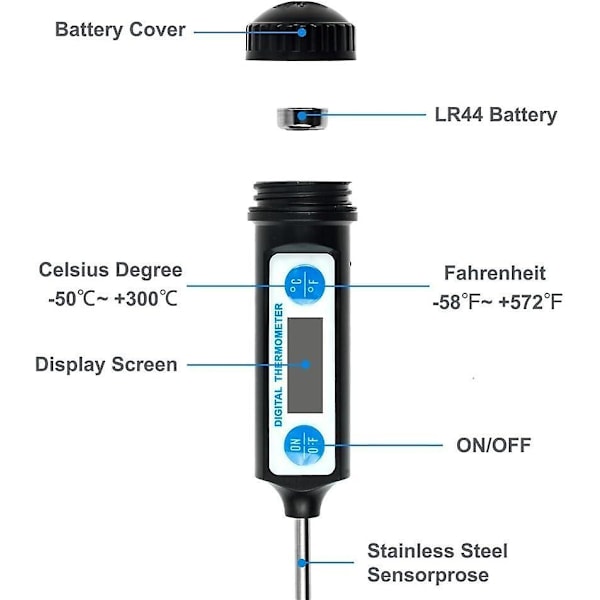 Matlagingstermometer, Kjøkkentermometer Digitalt Termometer med Lang Probe og LCD-Skjerm - Svart