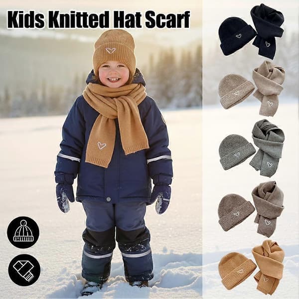 Ensfarget strikket lue og skjerf for barn med hjertebroderi, høst/vinter varm Black