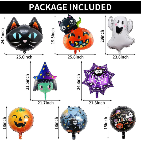 8-delars Halloween Folieballongset - Pumpa Häxa Dödskalle Katt