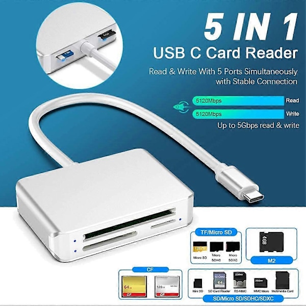 SD-kortläsare USB C, 5 i 1 Typ C Micro-SD TF M2-kortadapter 2T Kapacitet Minneskortläsare
