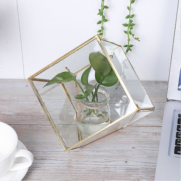 Guld Geometrisk Glas Planteringskärl Suckulent Växtbehållare Konstgjord Blomlåda Dekoration