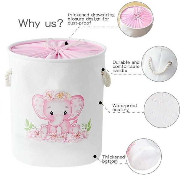 Kleskurver Rosa Klesvask Kurv Elefant Kurv for Barn, Baby Klesvask Kurv, Stor Sammenleggbar Klesvask